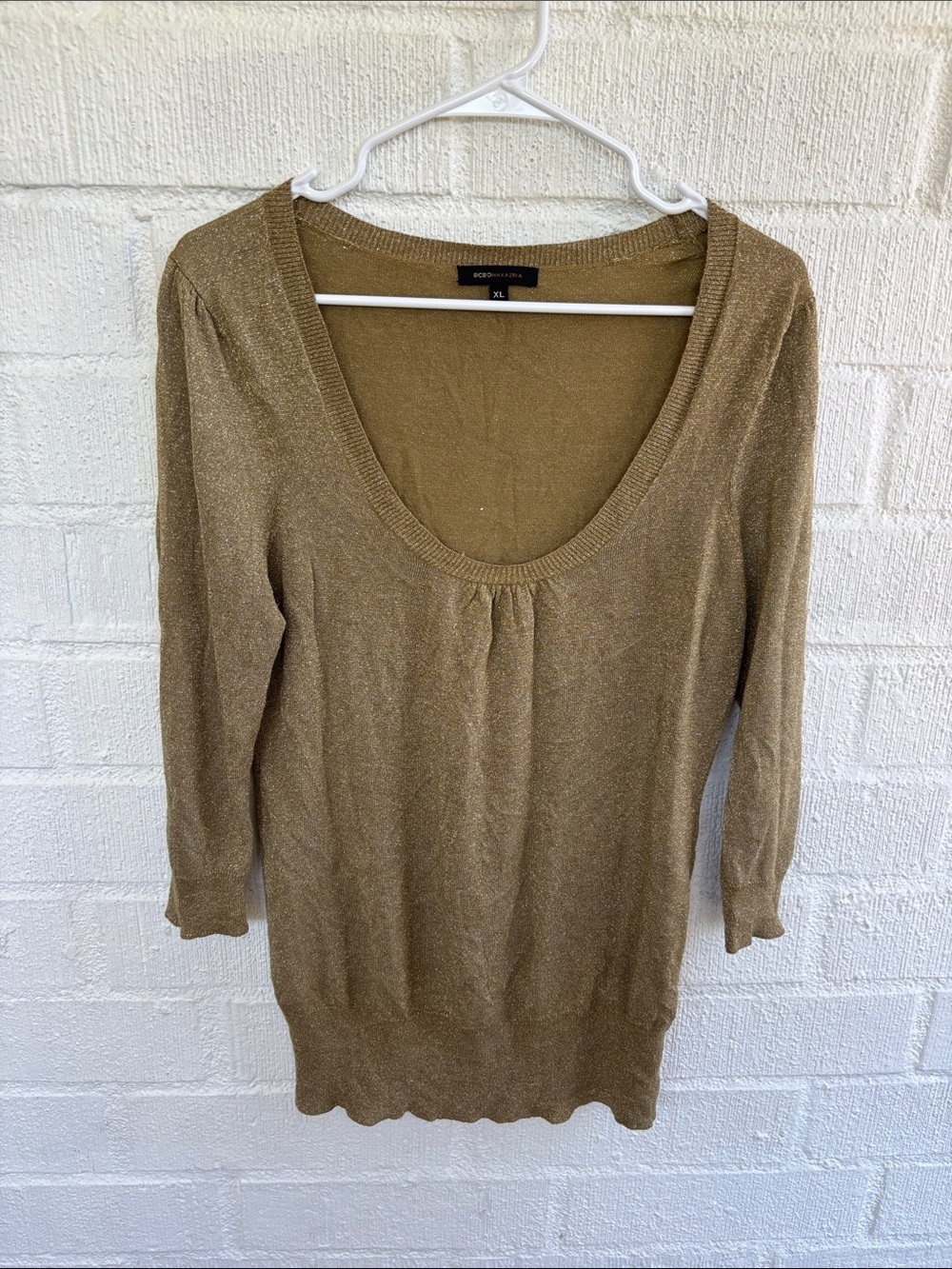 BCBGMaxAzria Metallic Gold Knit Scoop Neck Top sz XL